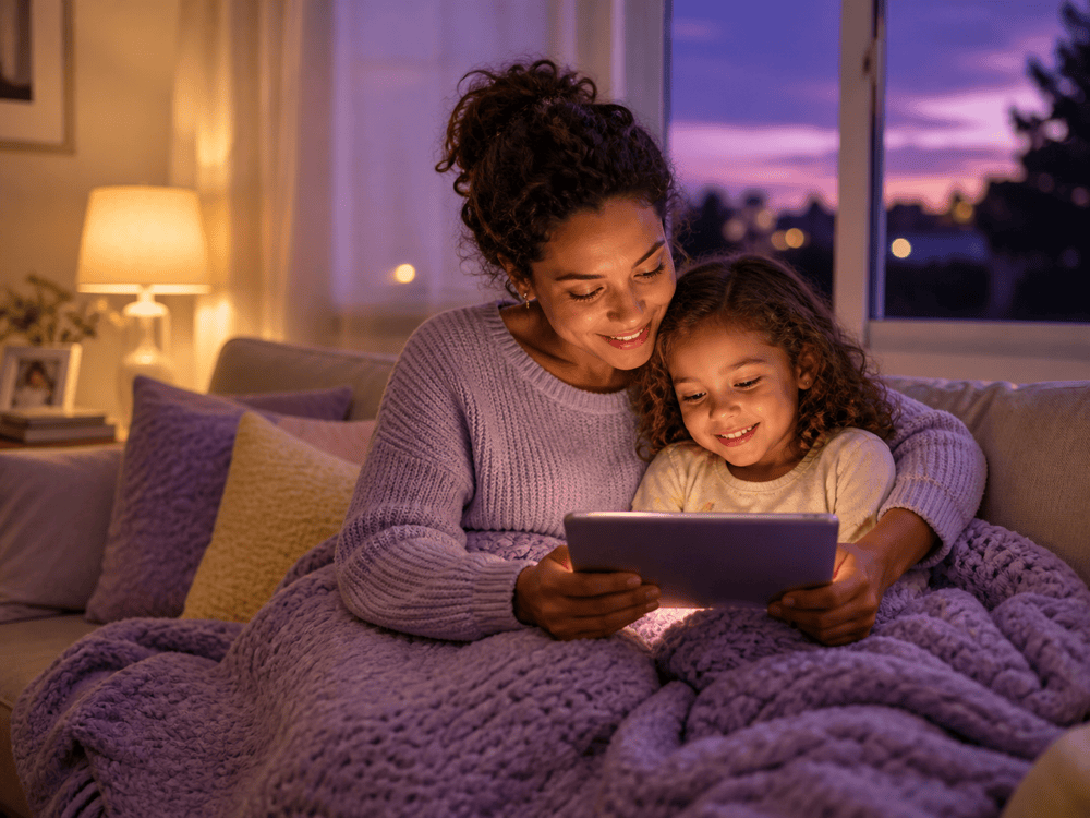 Família lendo uma história digital em um tablet