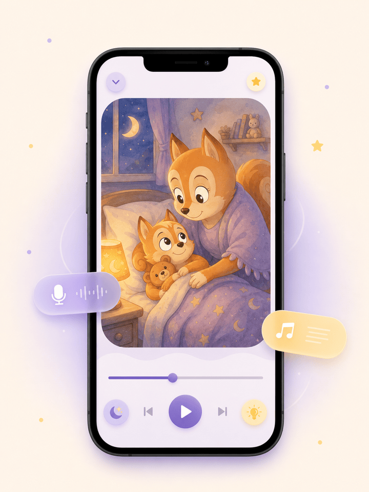 Prévia do Ninho de Histórias em um celular, com ilustração infantil e controles de áudio